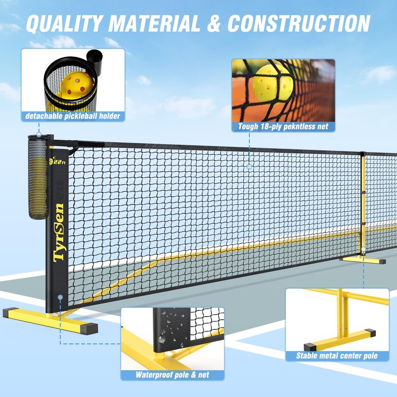 TYRSEN Portable Pickleball Net for Driveway, 22 FT Regulation Size & 11 FT Half Court Size Pickleball Net with Ball Collector, 2-in-1 Pickle Ball Net with Carry Bag for Outdoor Indoor Garages