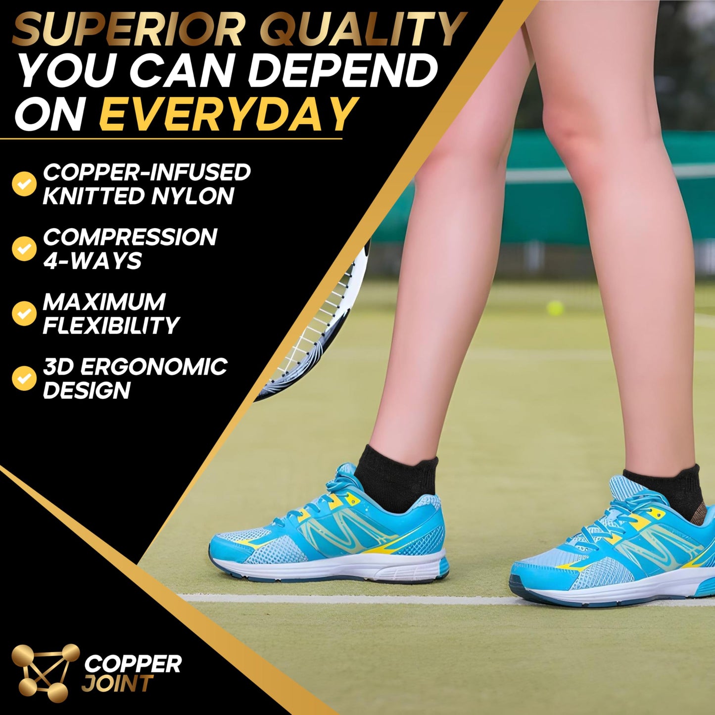 CopperJoint Low Cut Ankle Compression Socks 3 Pairs, Breathable Moisture Wicking for Sports & Daily Use, Black, L-XL