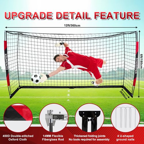 ECHOSAMEN 12X6FT Soccer Goal, Portable Soccer Goals for Backyard, Easy to Carry, Easy to Install, Comes with 1 Carry Bag, 4 Ground Nails, Youth and Adult Training Equipment.