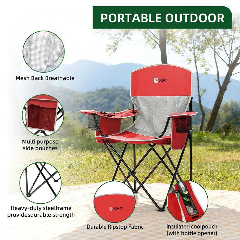 Portable Outdoor Folding Chair with Cup Holder & Cooler Bag - Breathable Mesh, Wide Armrests, Ergonomic Design for Camping, Beach, Backyard - Includes Storage Bag & Bottle Opener (Black/Green/Red)