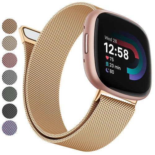 YILED Metal Bands Compatible with Fitbit Versa 3/Versa 4/Fitbit Sense/Sense 2 for Women Men, Stainless Steel Mesh Breathable Wristband Strap with Adjustable Magnet Lock (Small, Rose Gold)