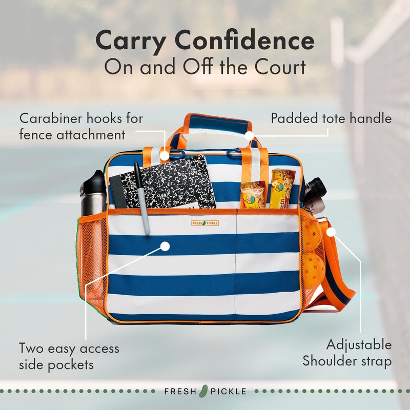 Fresh Pickle Lola Pickleball Tote Bag for Women - Designer Pickleball Bag with Paddle Storage, Zip Pockets & Shoulder Strap, Chic, Durable, Water-Resistant Pickle Ball Bags, Navy/Stripe