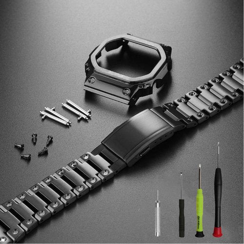 316L Stainless Steel Watch Band and Bezel Compatible with Casio GWM-5610 Watch Mod Kit Replacement (black)