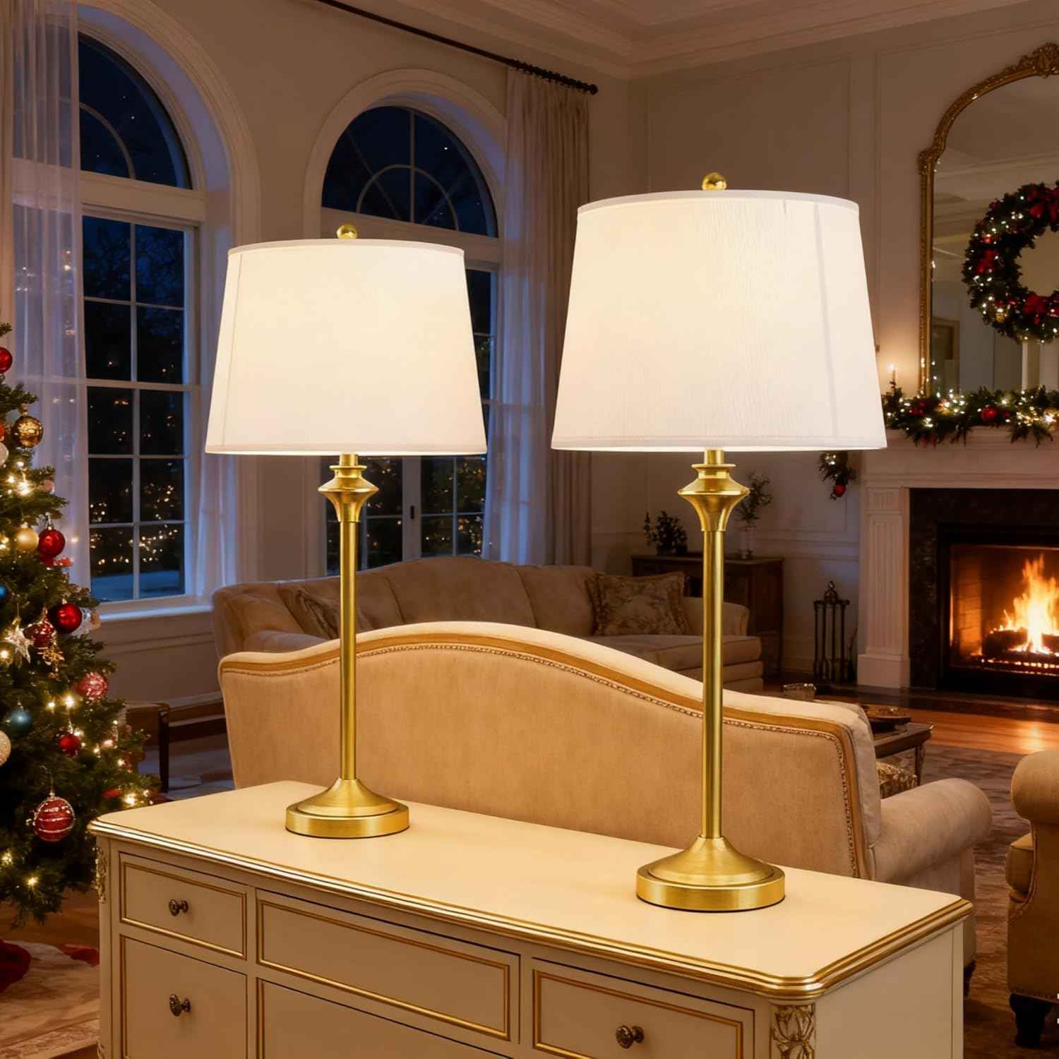 Brass Gold Table Lamps Set of 2 - 26" Modern Buffet & Nightstand Lamps for Living Room, Bedroom, Office