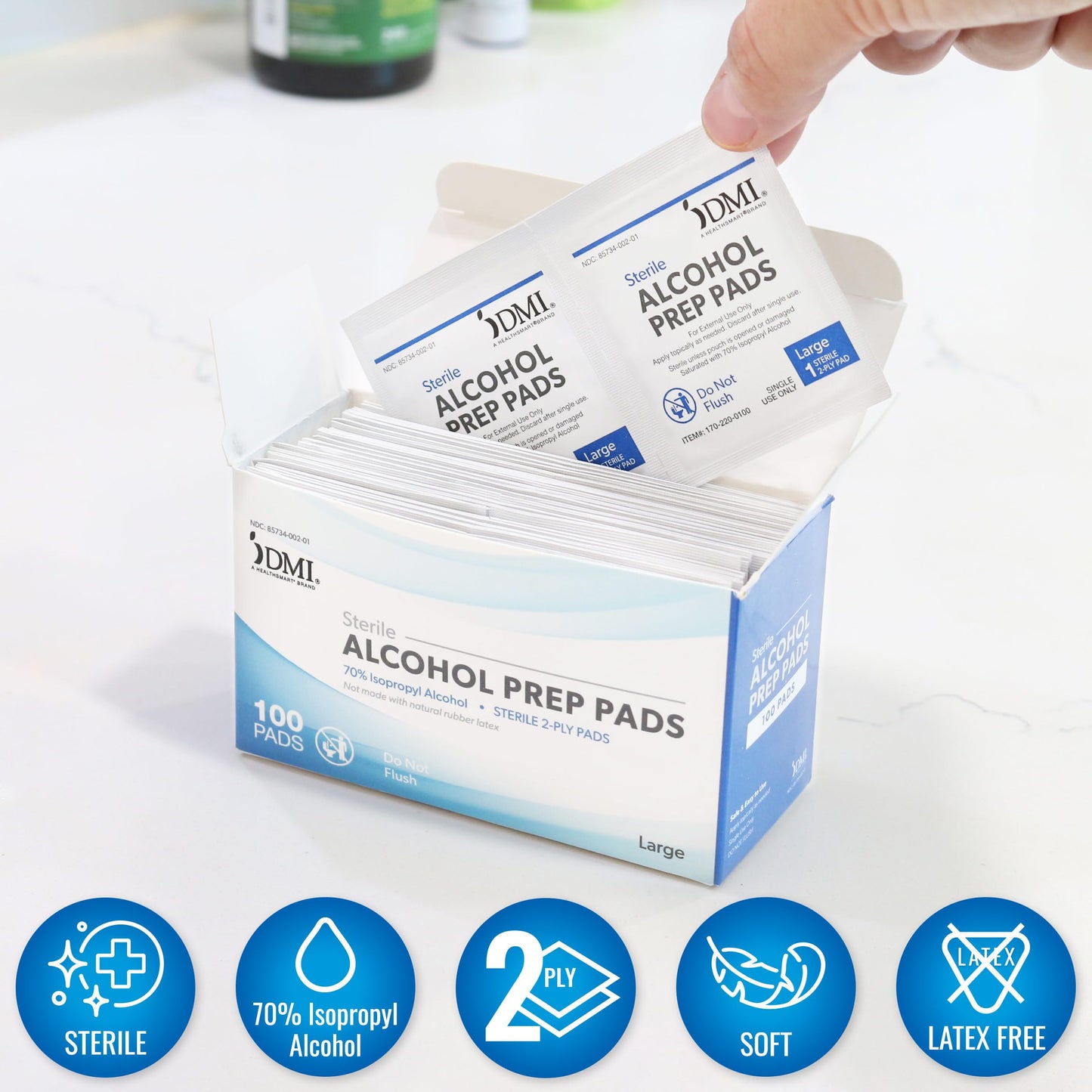 DMI Alcohol Prep Pads, 500 Count (5 Boxes of 100), Medical Grade Large 70% Isopropyl Alcohol, 2-Ply Individually Wrapped Antiseptic Wipes for Medical, Cleansing, and Injections