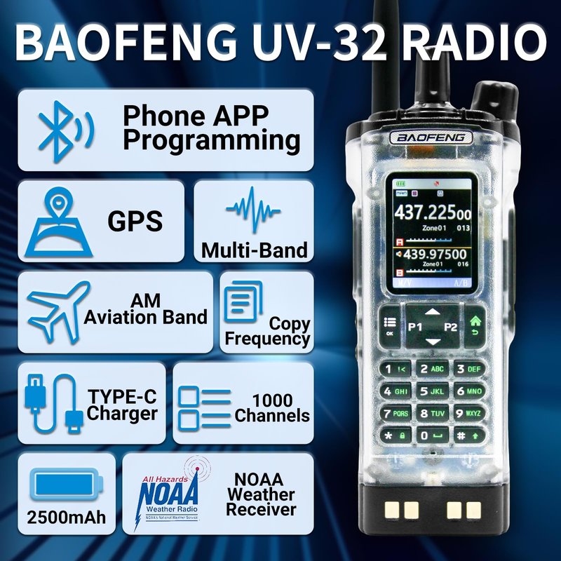 BAOFENG UV-32 10W Transparent Ham 2 Way Radio GPS One-Key Frequency Matching Writing Frequency APP Satellite Positioning Type-C UV32(1PC) (1)