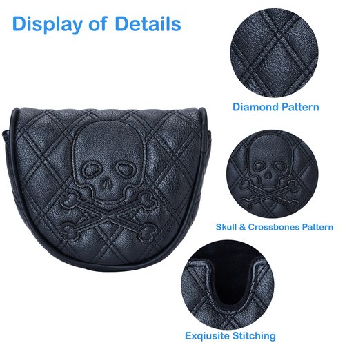 Kimpengofu Golf Club Skeleton Mallet Putter Cover Magnetic Closure Skull and Crossbones Fits for OZ1 MEZZ1 MEZZ1 MAX Putters Center Shaft Synthetic PU Leather Headcover (Black)