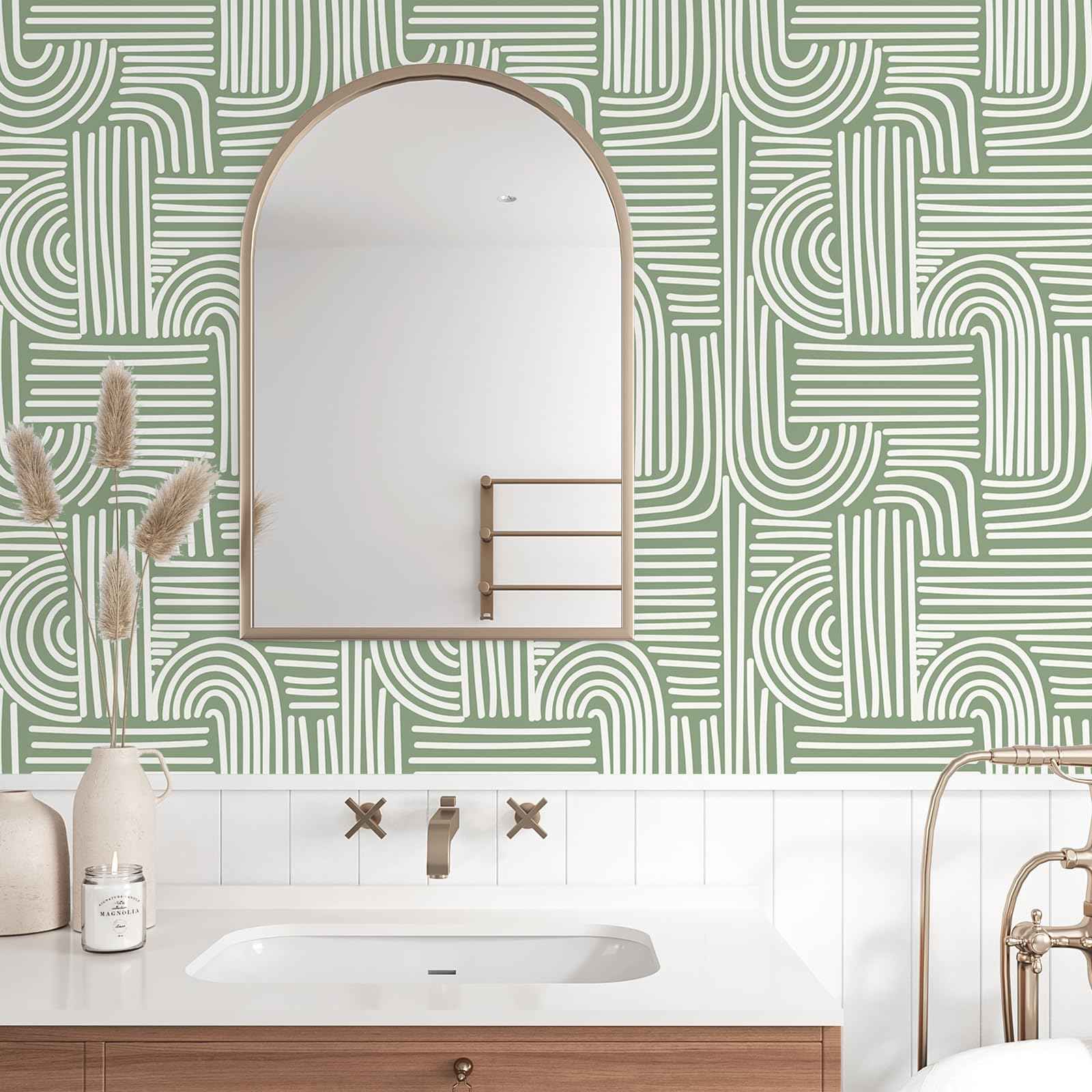 VEELIKE Sage Green Geometric Peel and Stick Wallpaper Boho Abstract Geometric Wallpaper for Bedroom Bathroom Accent Wall 17.7''x118'' Removable Art Deco Wall Paper Green Contact Paper for Cabinets