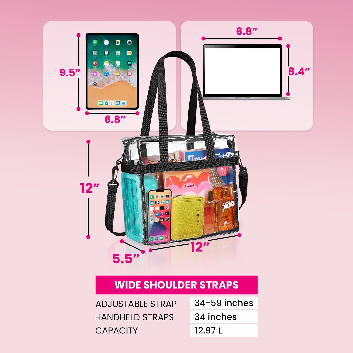 Handy Laundry Clear Tote Bag Stadium Approved - Shoulder Straps and Zippered Top. Perfect Clear Bag for Work, Sports Games and Concerts. Meets Stadium Tournament Guidelines. (Black)