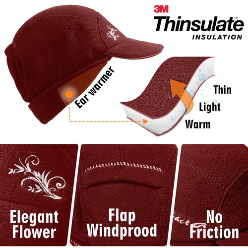 EZPACE Fleece Ponytail Hat for Women with 3M Thinsulate Ear Warmer Running Gear Winter Cold Weather（Burgundy