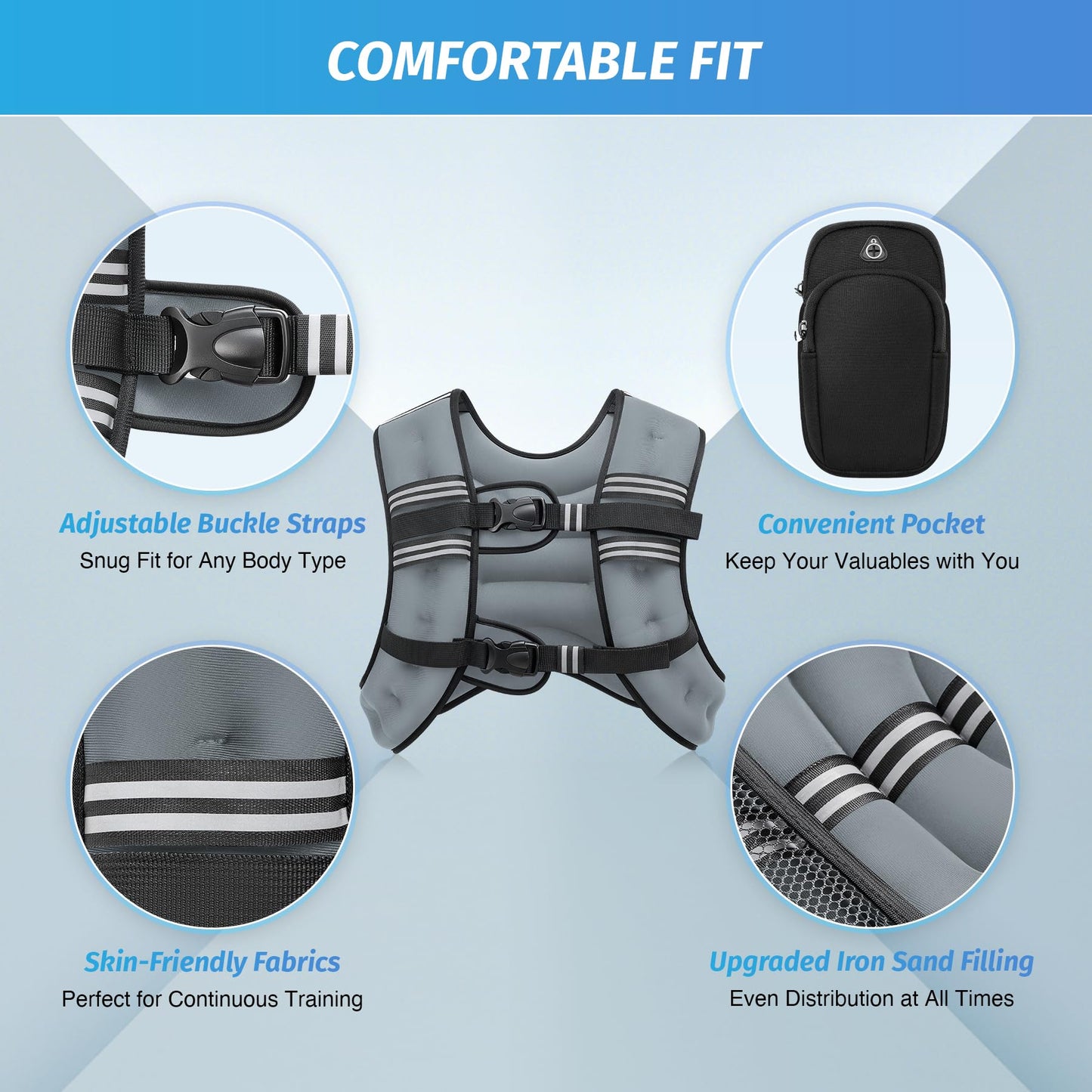 ZELUS Weighted Vest, 6lb/8lb/12lb/16lb/20lb/25lb/30lb Weight Vest with Reflective Stripe for Workout, Strength Training, Running, Fitness, Muscle Building, Weight Loss, Weightlifting, Grey(20 lb)