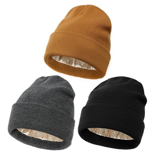 KUIRAN 3 Pack Satin Lined Beanie Hats for Women Men Knit Acrylic Beanie Winter Hat Silk Lining