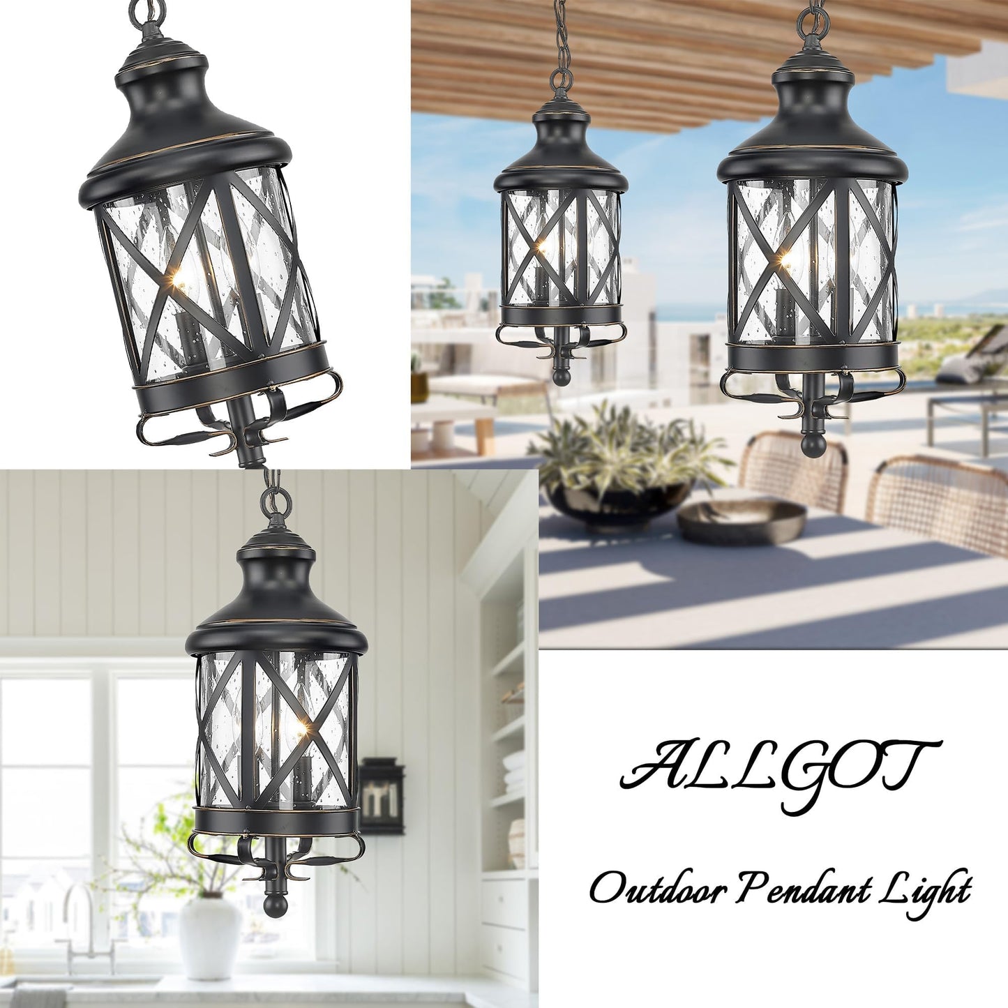 ALLGOT Outdoor Pendant Light for Porch,17.5 Inch Tall Farmhouse Pendant Lights, Outdoor Hanging Lanterns, Anti-Rust Exterior Hanging Porch Lights, Waterproof Ceiling Lanterns with Seeded Glass(Black)