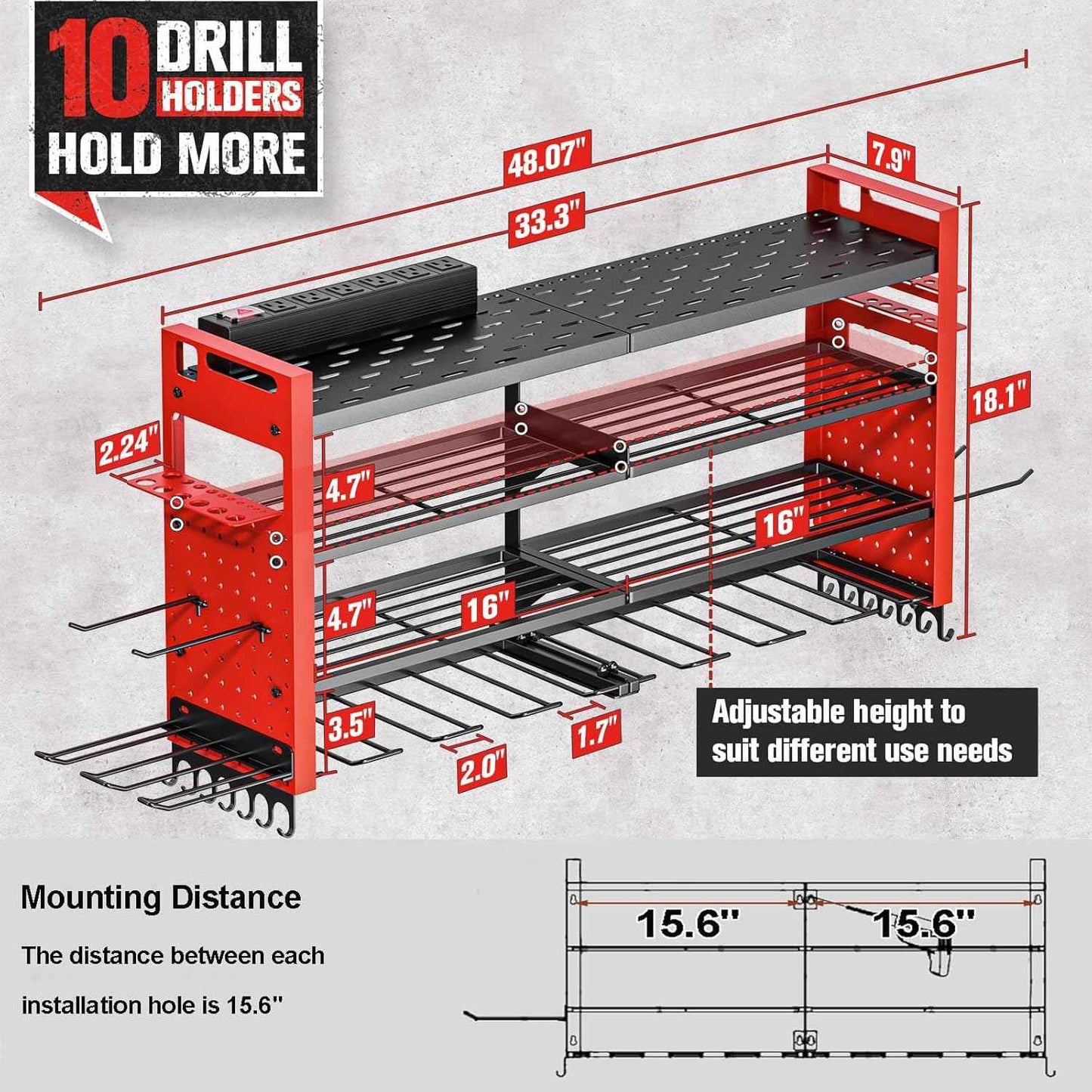 Heavy Duty Wall Mount Power Tool Organizer with Charging Station & 10 Drill Holders