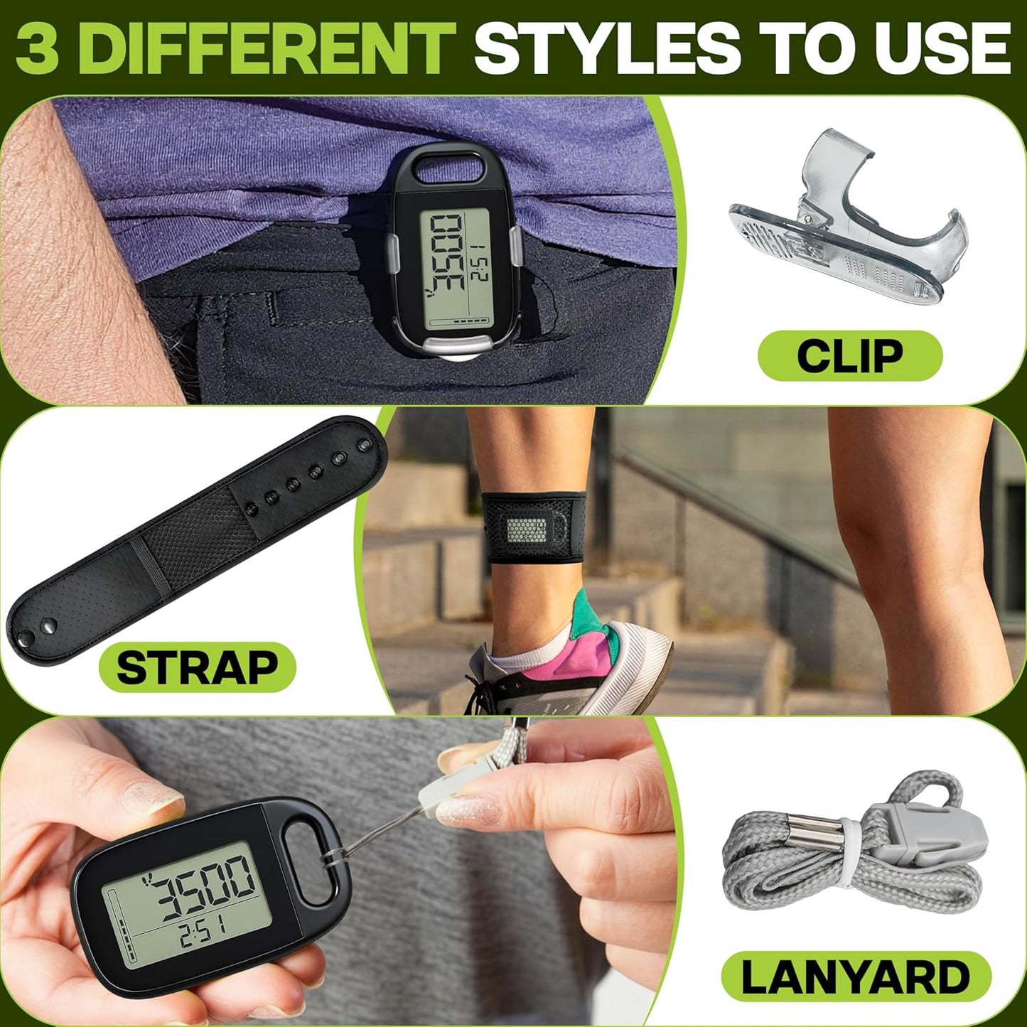 Skiennix Ankle Pedometer Step Counter - Clip-On Activity Tracker for Walking Steps & Miles - Includes Ankle Band & Lanyard