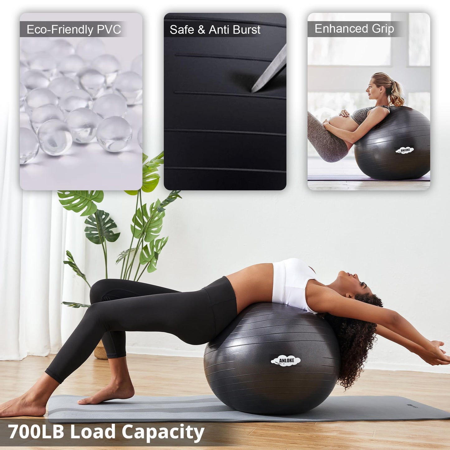 Yoga Ball for Exercise Fitness & Balance, Anti-Burst Stability Ball Chair, Birthing Ball for Pregnancy,-L (23"~26") 65cm, Black
