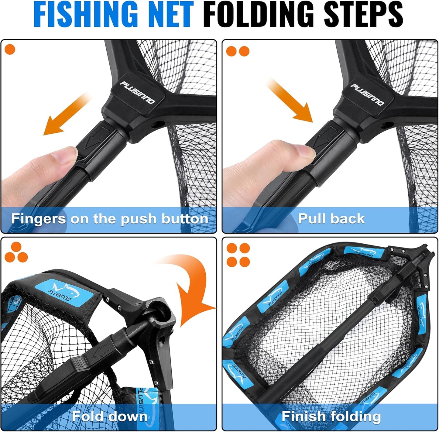 PLUSINNO Floating Fishing Net - Rubber Coated, Foldable Landing Net for Steelhead, Salmon, Bass, Trout | Telescoping Handle
