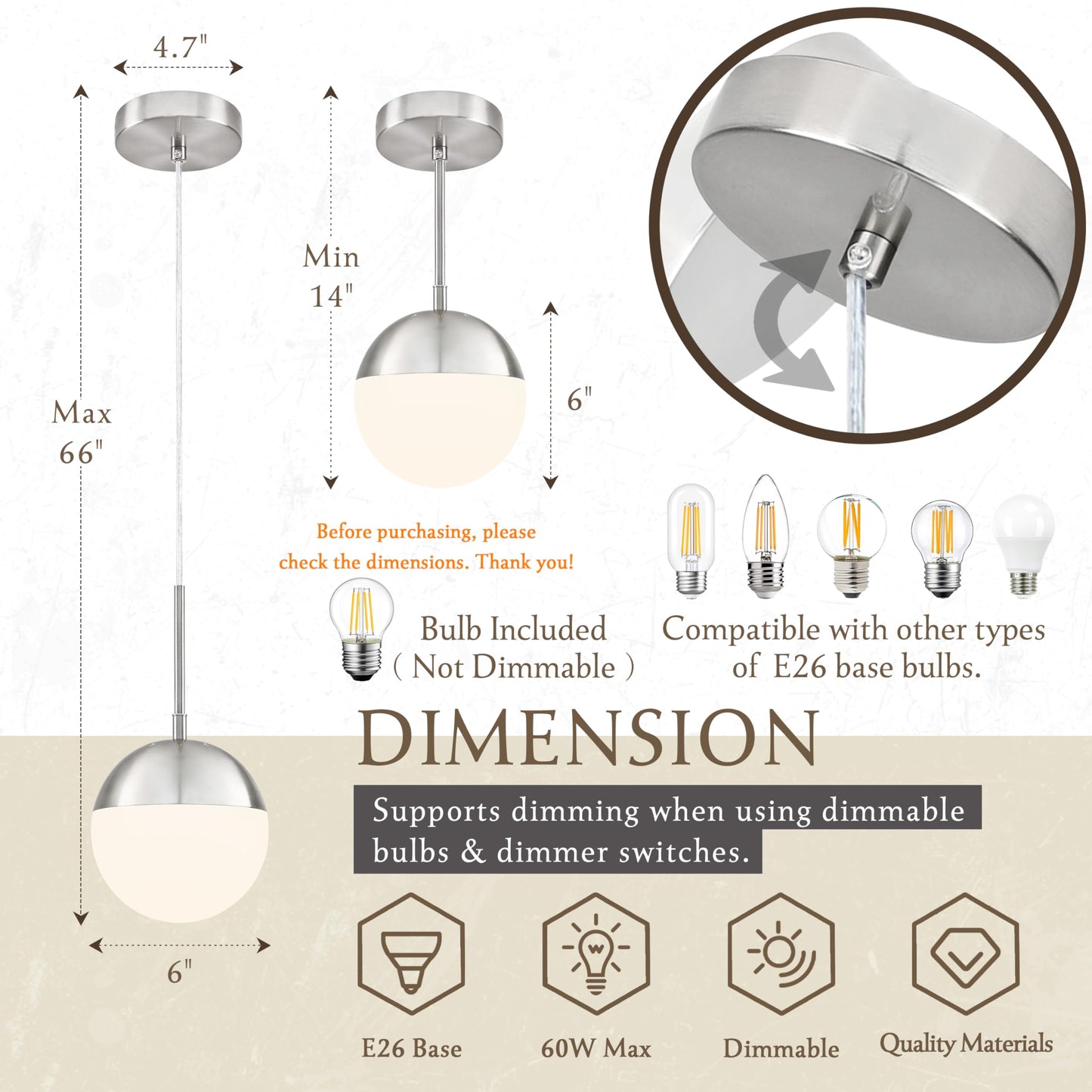 Mccokaige 6 Inch Nickel 2 Pack Mid Century Modern Pendant Light Pendants for Kitchen Island Frosted Milky White Glass Globe Height-Adjustable Modern Hanging Globe Pendant Light for Bedroom (Bulb Incl)