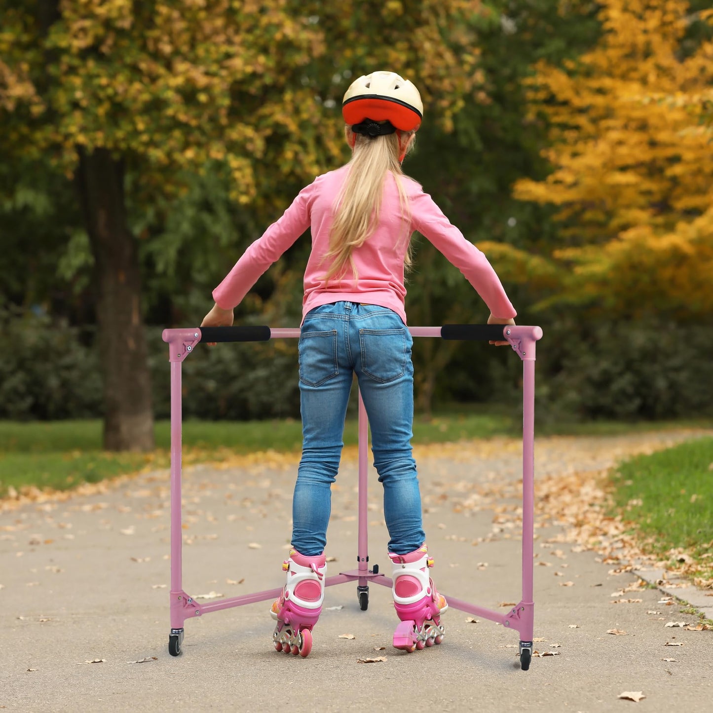 GanFindX Folding Skater Aid for Kids Roller Skating, 30in Height Roller Skate Trainer for Kids Toddler Training Walker, Pink