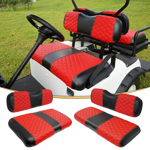HANGKUNNEE EZGO TXT Seat Covers, EZGO TXT Golf Cart Seat Covers for 1994-2013 OEM Ordinary Seat, Marine Grade Vinyl Leather, Anti-Scratch/Anti-Fading/Easy to Install, Diamond/Red(4PCS/Front & Rear)