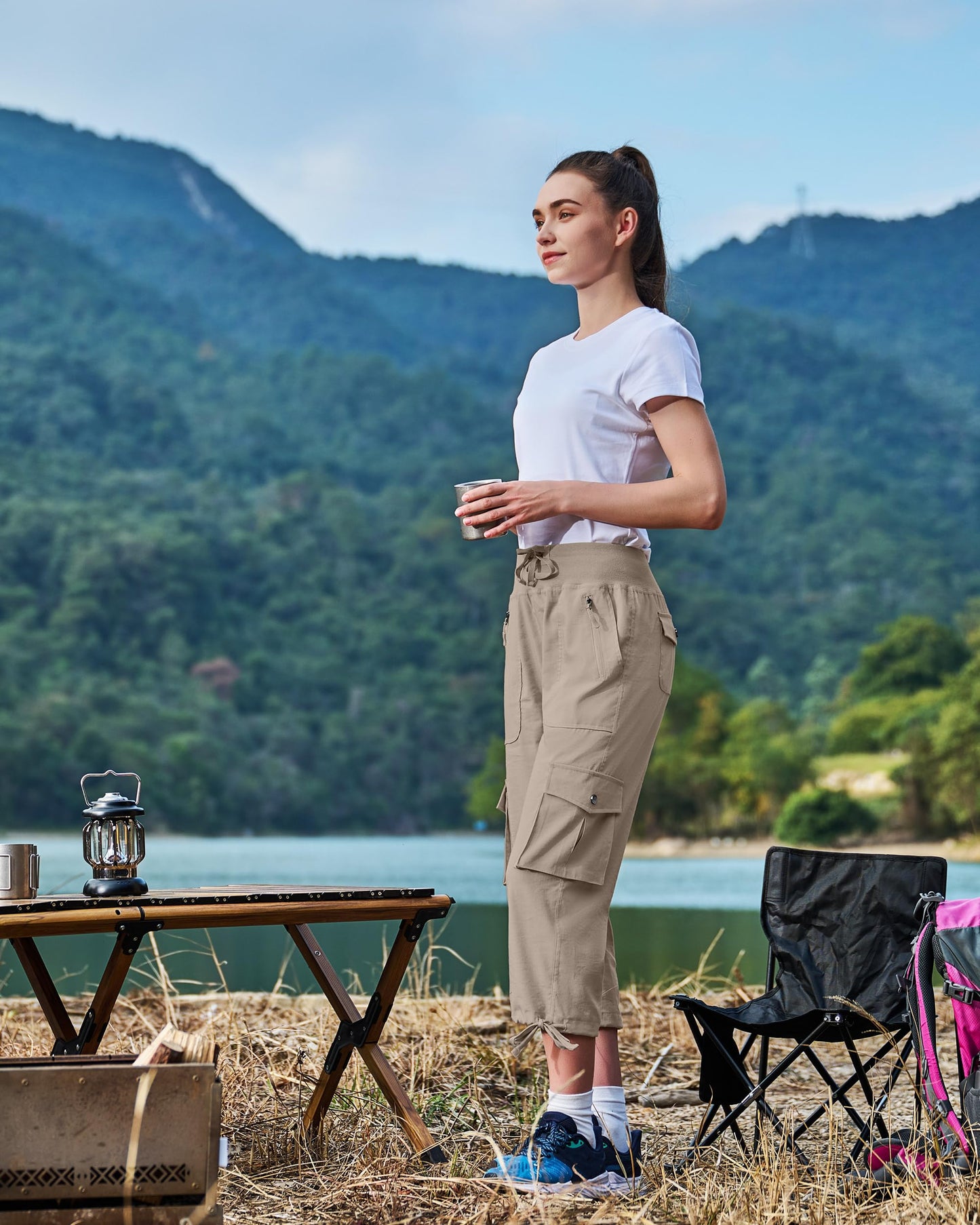Ksmien Women's Hiking Capris Quick Dry Lightweight Ladies Summer Cargo Pants 8 Pockets for Travel Camping Khaki