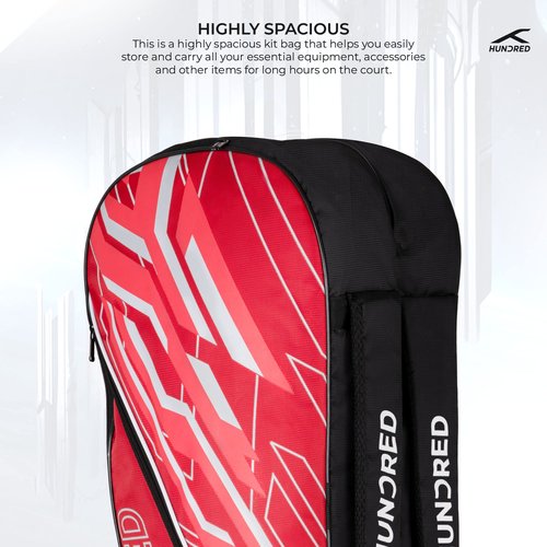 HUNDRED Two Step Badminton and Tennis Racquet Kit Bag | Size: Medium | Material: Polyester | 2 Compartments | Front Zipper Pocket | Padded Back Straps | Easy-Carry Handle | Red (6in1)