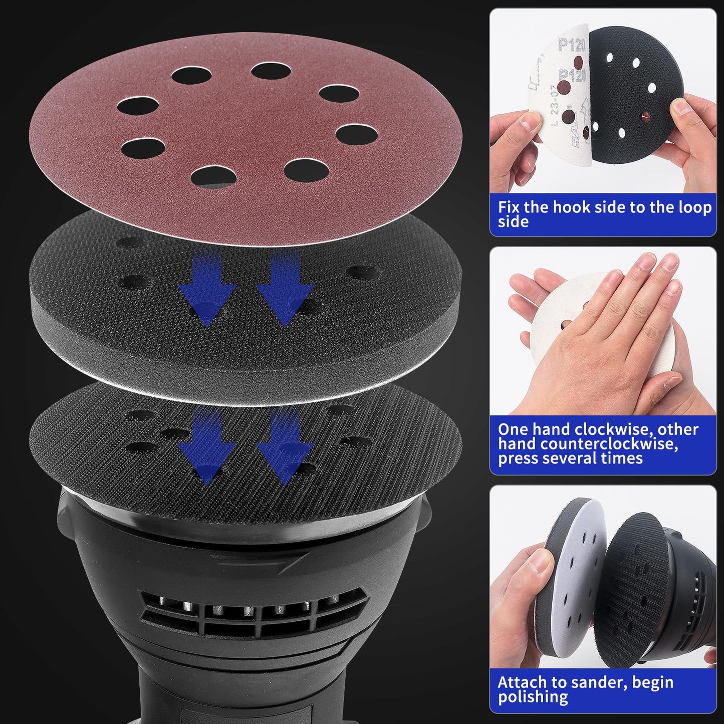 4 Pack Upgraded Foam Sanding Pads for Orbital Sander, 5 Inch 8 Holes Orbital Sander Surfprep Foam Pad, Hook and Loop Soft Density Interface Pads with Soft & Hard Cushion Sponge Buffer by Elechiakan