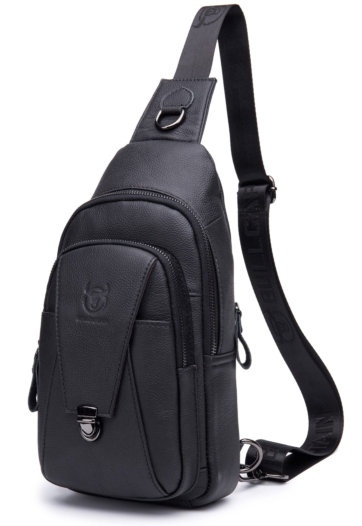 BULLCAPTAIN Leather Sling Bag for Men Multi-pocket Crossbody Chest Bag Travel Casual Shoulder Backpack (Black)