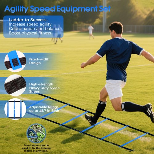 Agility Ladder,Speed Training Equipment Set,20ft Agility Ladder,12 Soccer Cones,4 Hurdles,Jump Rope,Running Resistance,Basketball Soccer Training Equipment with Carrying Bag for Kids Youth Adults-Blue