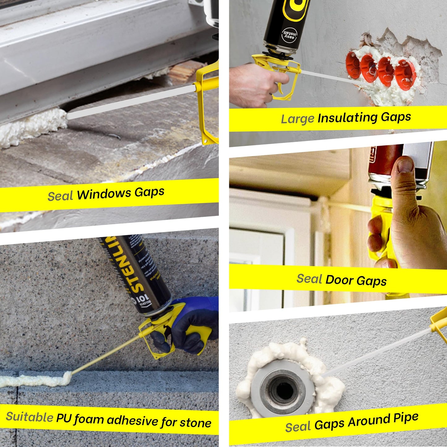 ONIA PU Spray Foam Gun with 4 tubes Expanding Spray foam Insulation Applicator with Reusable tubes and anti clogging caps – Filling & Sealing tool for Home and Office Use