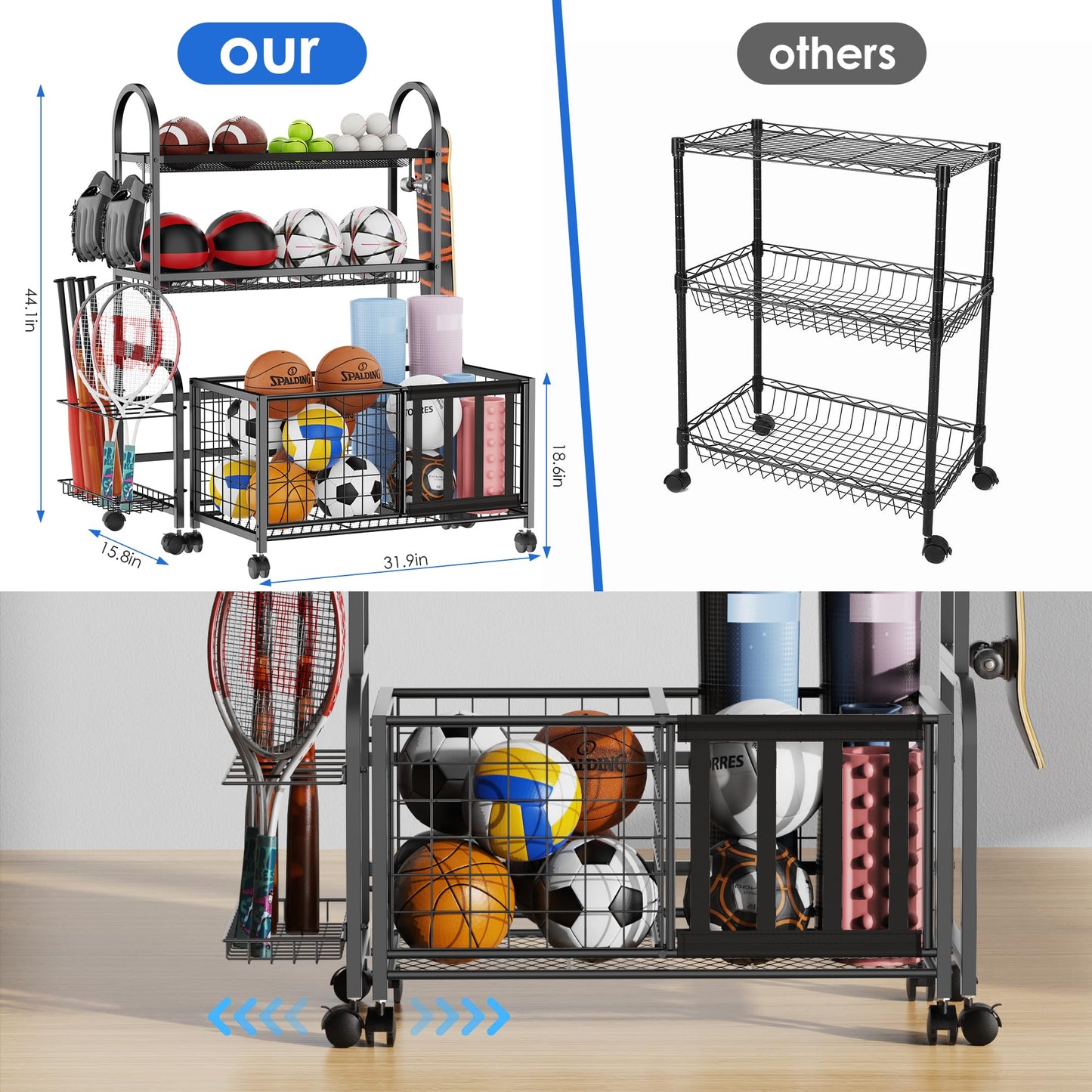 FULOOPHI Garage Ball Storage, 2 in 1 Sports Equipment Organizer, Garage Organizer with Basket and Hooks, Individually Movable Rolling Sports Ball Organizer Cart, Black