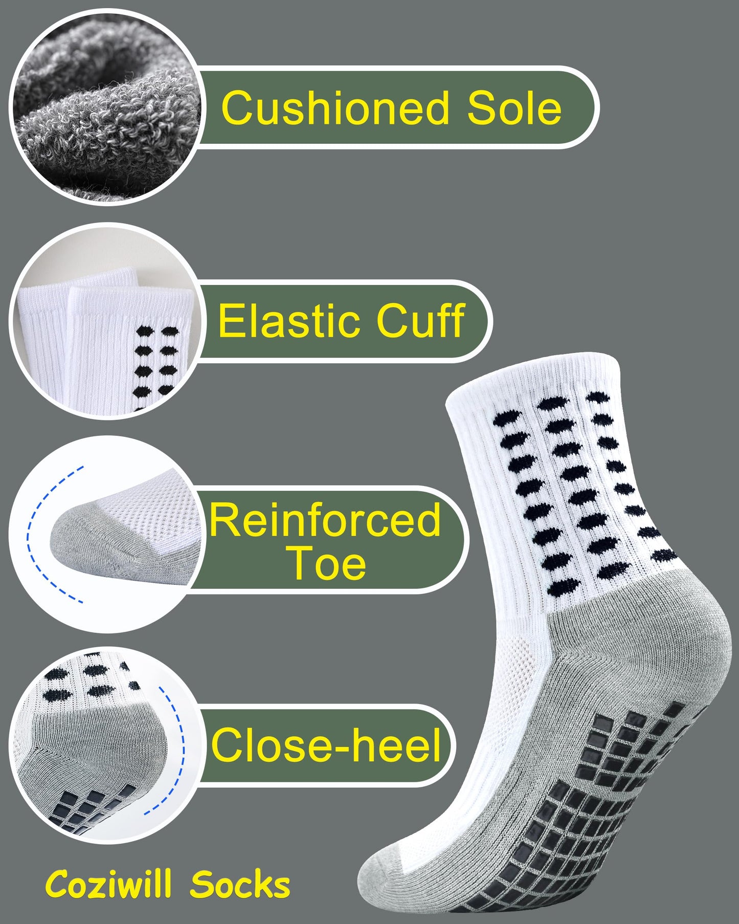 Kids Grip Socks Soccer Boys Football Non Slip Socks Girls Cushioned Running Athletic Crew Grip Sock 10-12 Years Kids Youth 6 Pairs(3Black+3White, L)