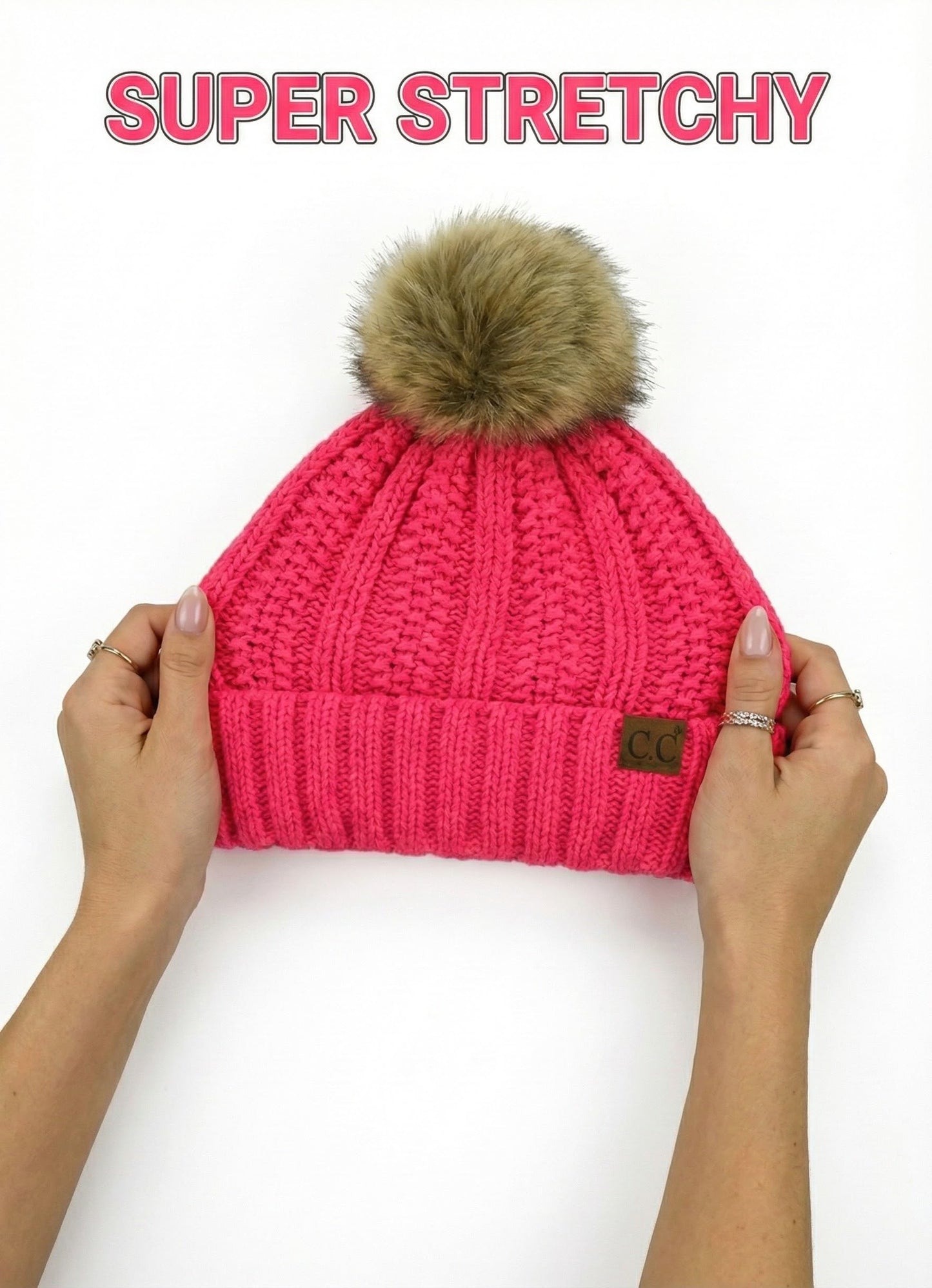 C.C Beanie Women’s Cozy Chenille Pom-Pom Hat — Warm Fashionable Ski-Style Winter Beanie (Beige)