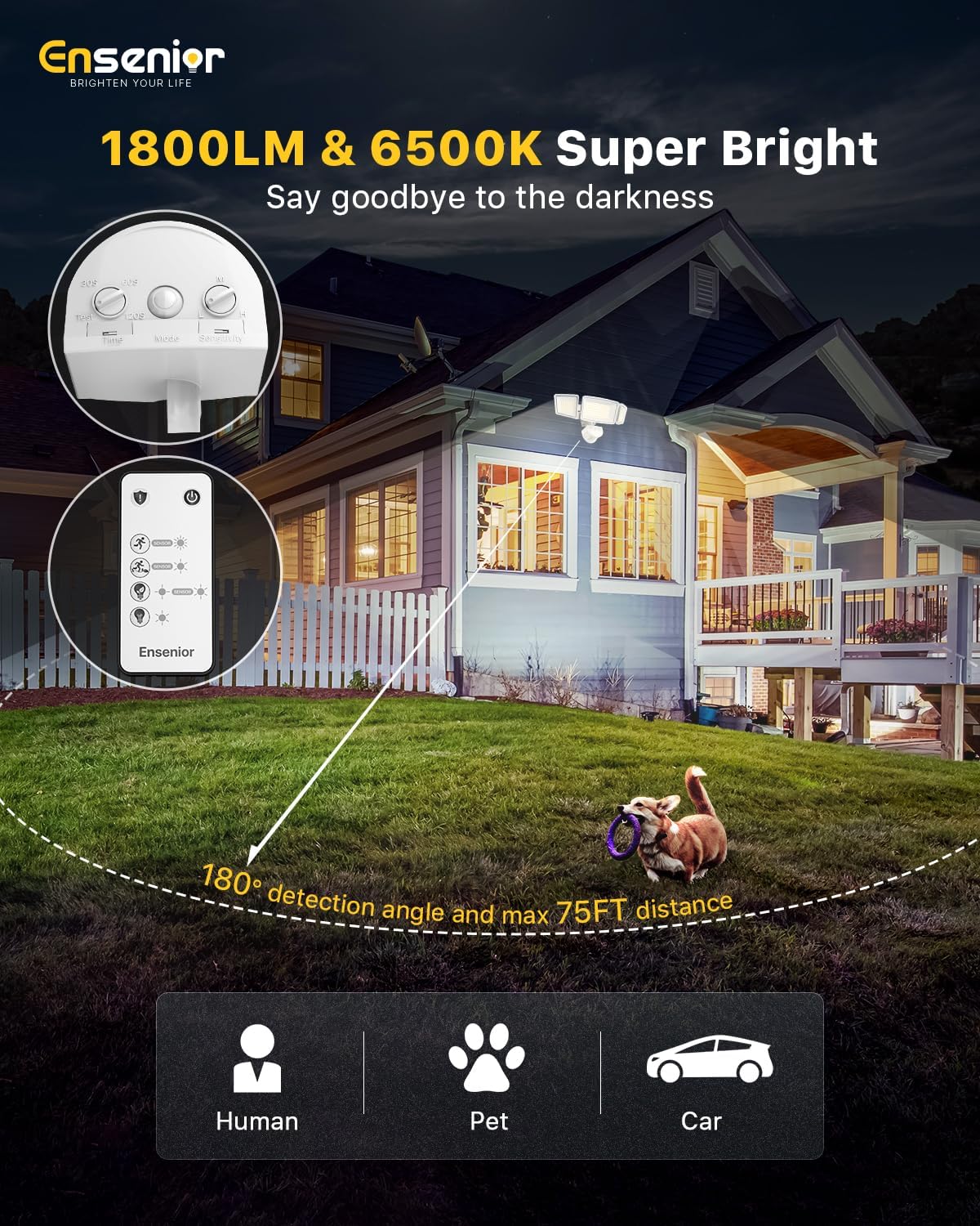 1800LM Solar Security Light with 3 Heads & Remote, 270° Wide Angle, IP65 Waterproof