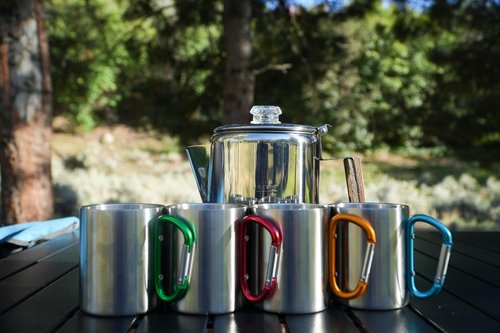 Alpine Mountain Gear 9-Cup Coffee Percolator Set with 4 Mugs (9 oz.) – Stainless Steel Camping Coffee Pot, Stovetop Percolator Coffee Maker for Home & Outdoor Use