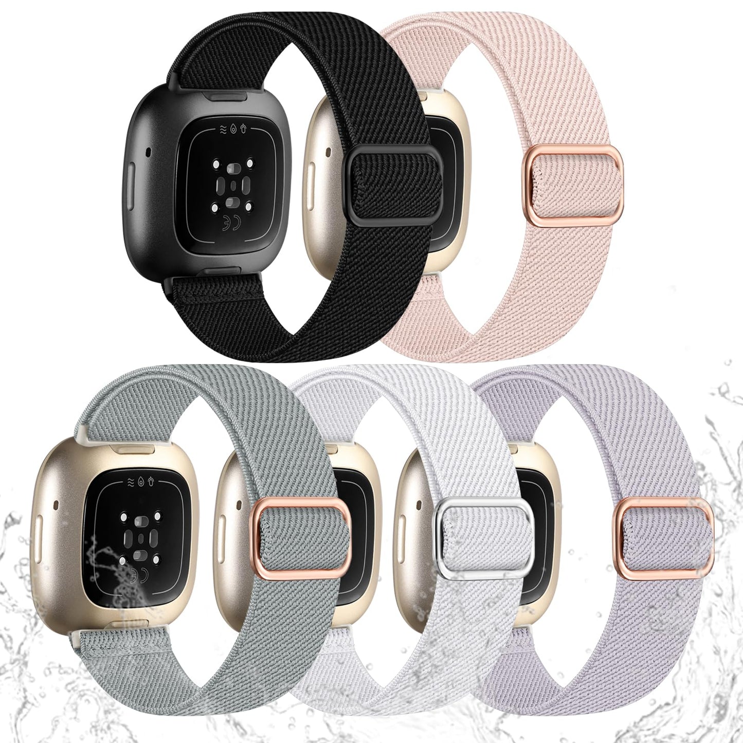 Odbeai Stretchy Strap Compatible with Fitbit Sense 2 Bands/Sense Band, for Versa 4 Bands for Woman/Versa 3 Band, Water-Resistant Adjustable Soft Nylon Elastic Braided Sport Wristbands, 5 Packs