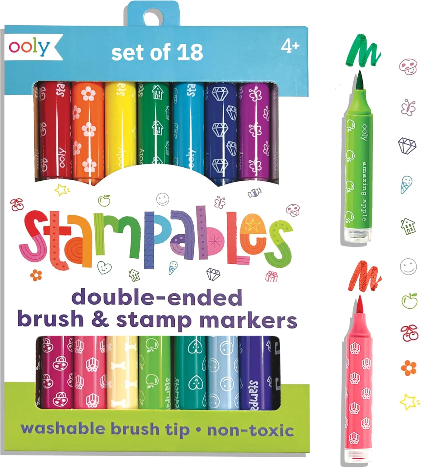 Ooly 18 Double-Sided Stamping Markers - Versatile Brush Tip & Stamp | Fun School Supplies