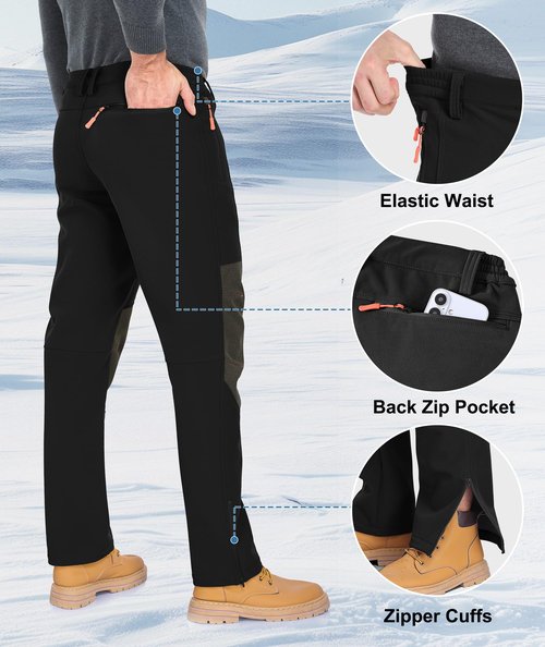 Zoofly Mens Winter Pants Waterproof Thermal Snow Pants Warm Fleece Lined Hiking Pants with Zip Pockets Black