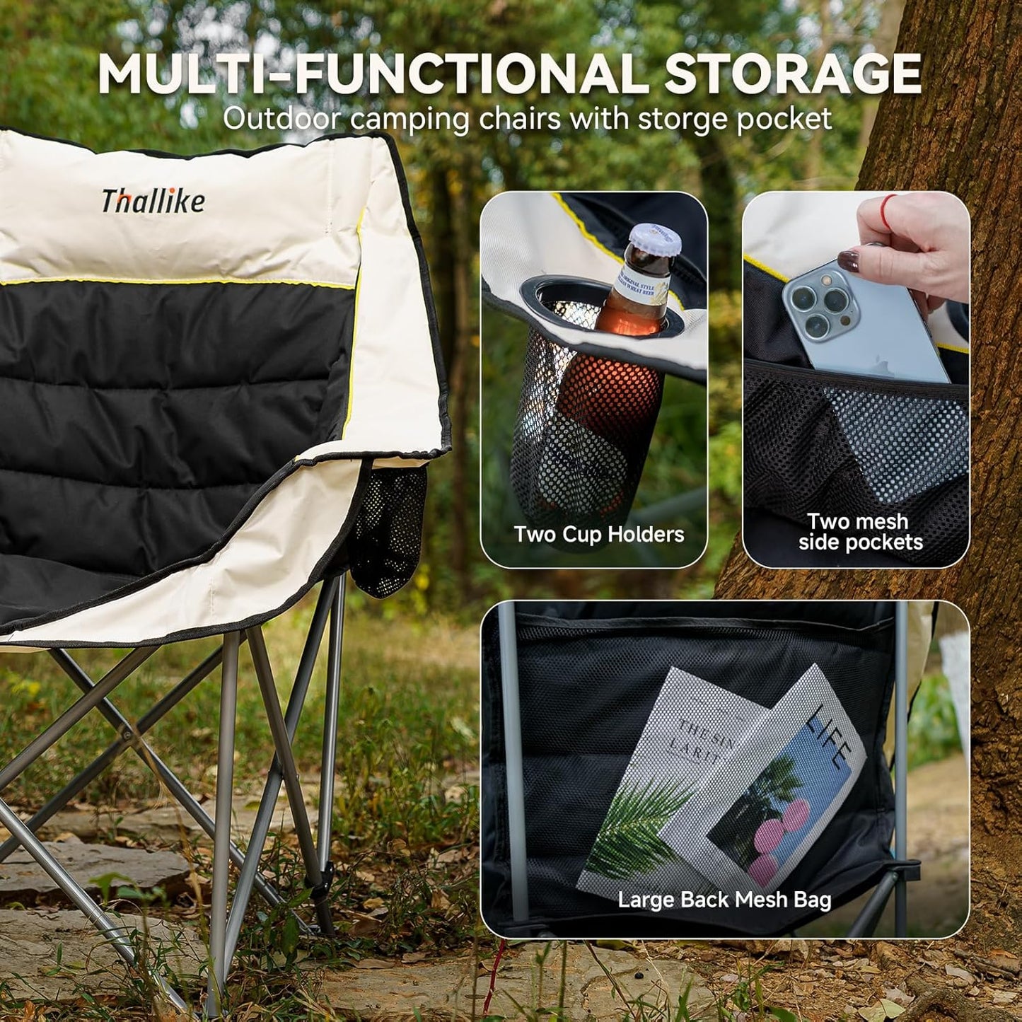 Skiennix Oversized Camping Chair - Heavy Duty Folding Design with Cup Holders & Storage Pocket | Supports 400lbs