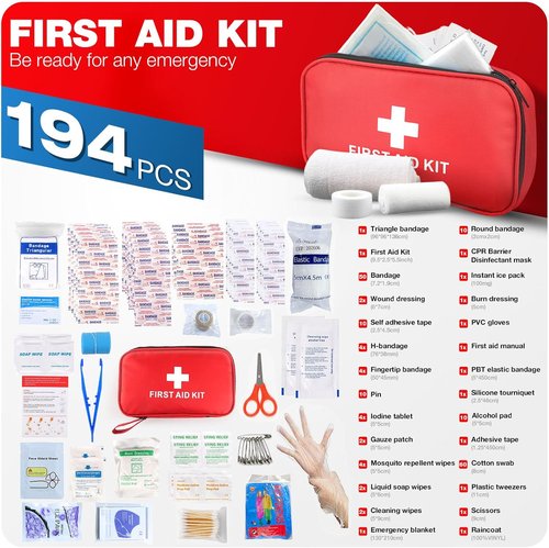 First Aid Kit - 194-Piece Emergency Survival Kit for Hiking, Camping, Vehicle & Home Use