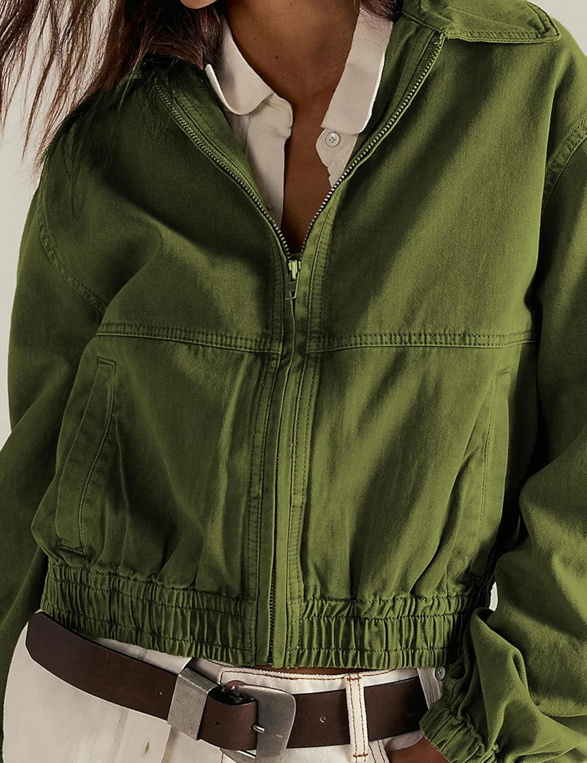 Zontroldy Women's Cropped Track Jacket - Long Sleeve Zip-Up Utility Coat with Pockets