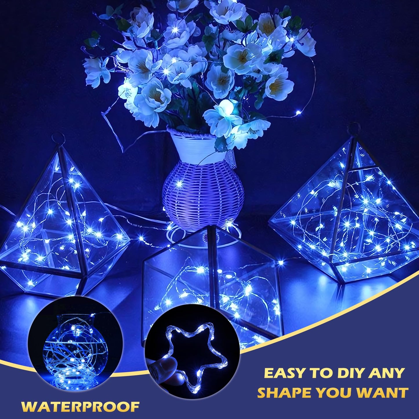 Ehome USB Fairy String Lights - 66 ft 200 LED Twinkle Lights with Remote, Timer & 8 Modes - Silver Wire, Waterproof, Indoor/Outdoor, DIY Party, Wedding - Blue