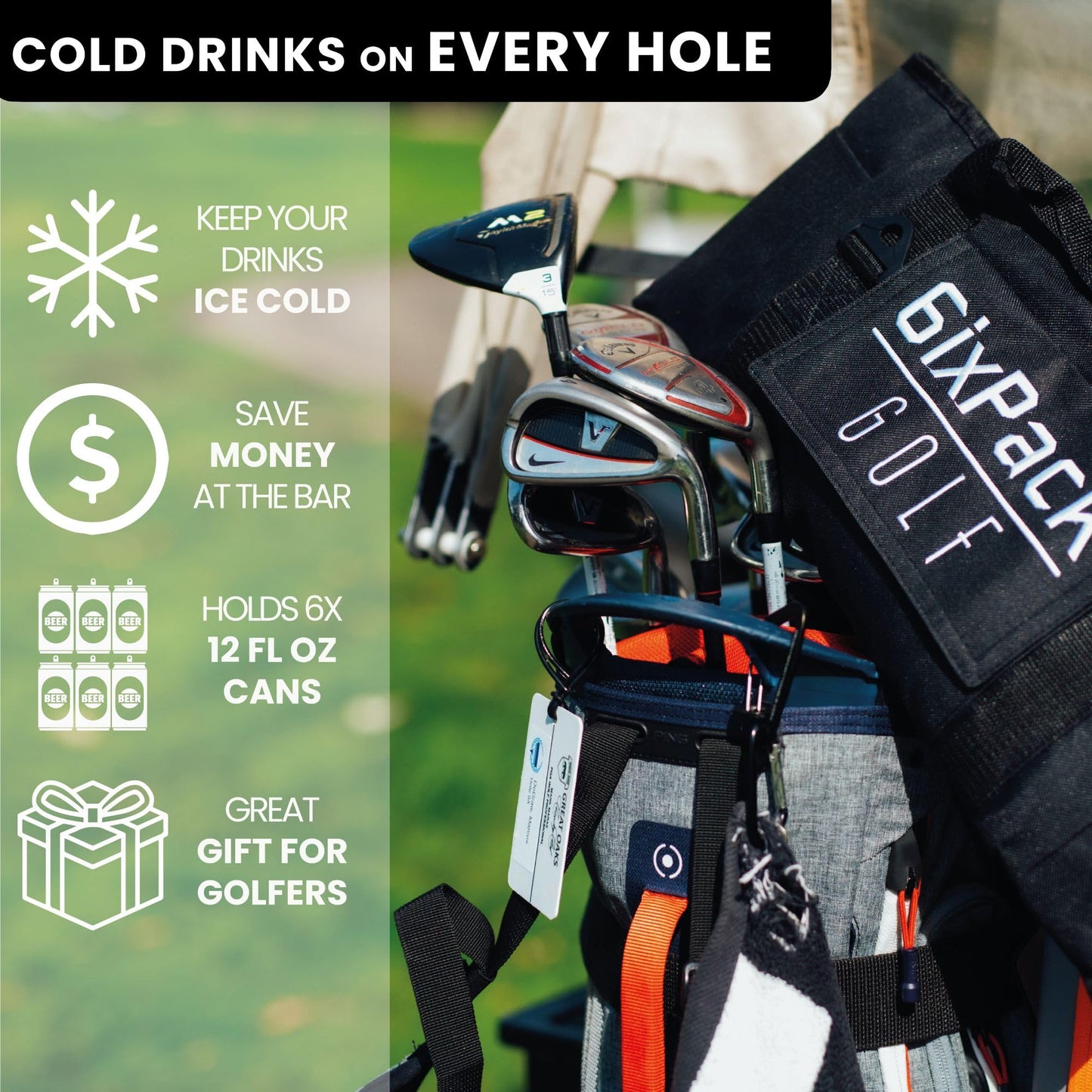 6ixPack Golf Golf Cooler Bag with 2 Ice Packs – Best-Rated Insulated Beer Sleeve Holds 6 Cans or 2 Wine Bottles, Keeps Drinks Cold 6–8 Hours, Fits Most Golf Bags – Accessories for Men