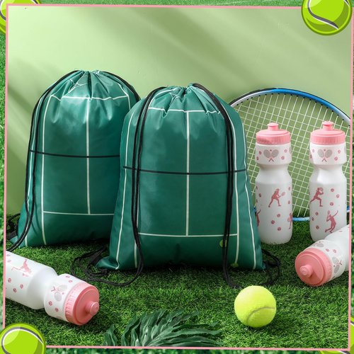 Talltalk 12 Pcs Tennis Party Favors Tennis Water Bottle with Bags Bulk Drawstring Bag Gift Goodie Treat Bags 24 oz Water Bottle Cup for Team Theme Accessories Sports Party Supplies Gift
