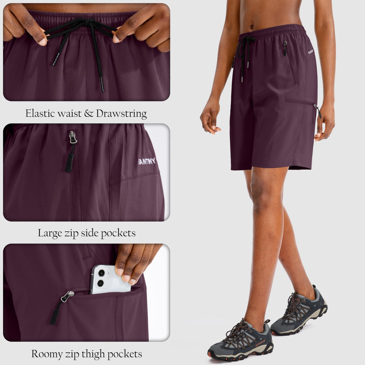 SANTINY Women's 5''/ 7''/9'' Hiking Cargo Shorts Quick Dry Lightweight Summer Shorts for Women Athletic Zipper Pockets(Dusty Purple_S)