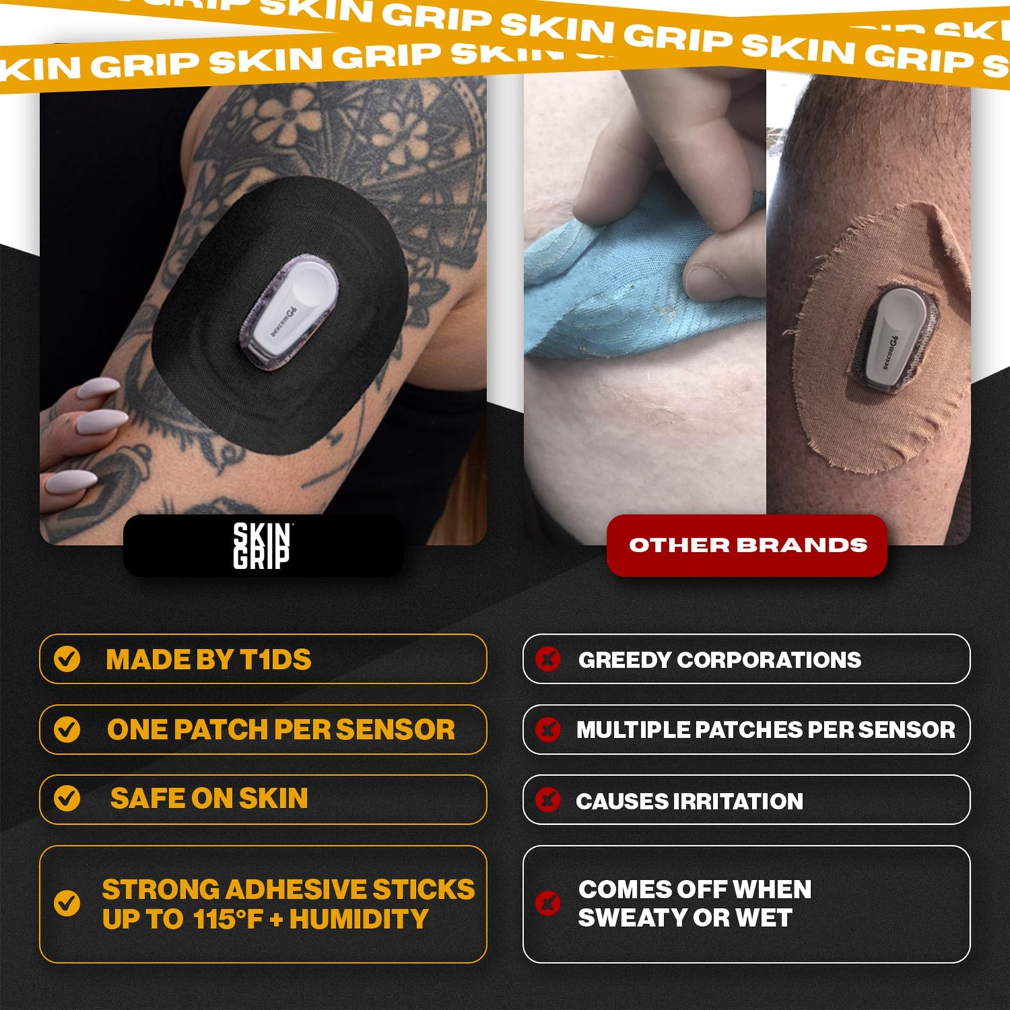 Skin Grip Adhesive Patch Compatible with Dexcom G6 Adhesive Patches Waterproof & Sweatproof with Cutout, Lasts 10-14 Days, Continuous Glucose Monitor Patch, CGM Sensor Cover – 20 Pack, Black