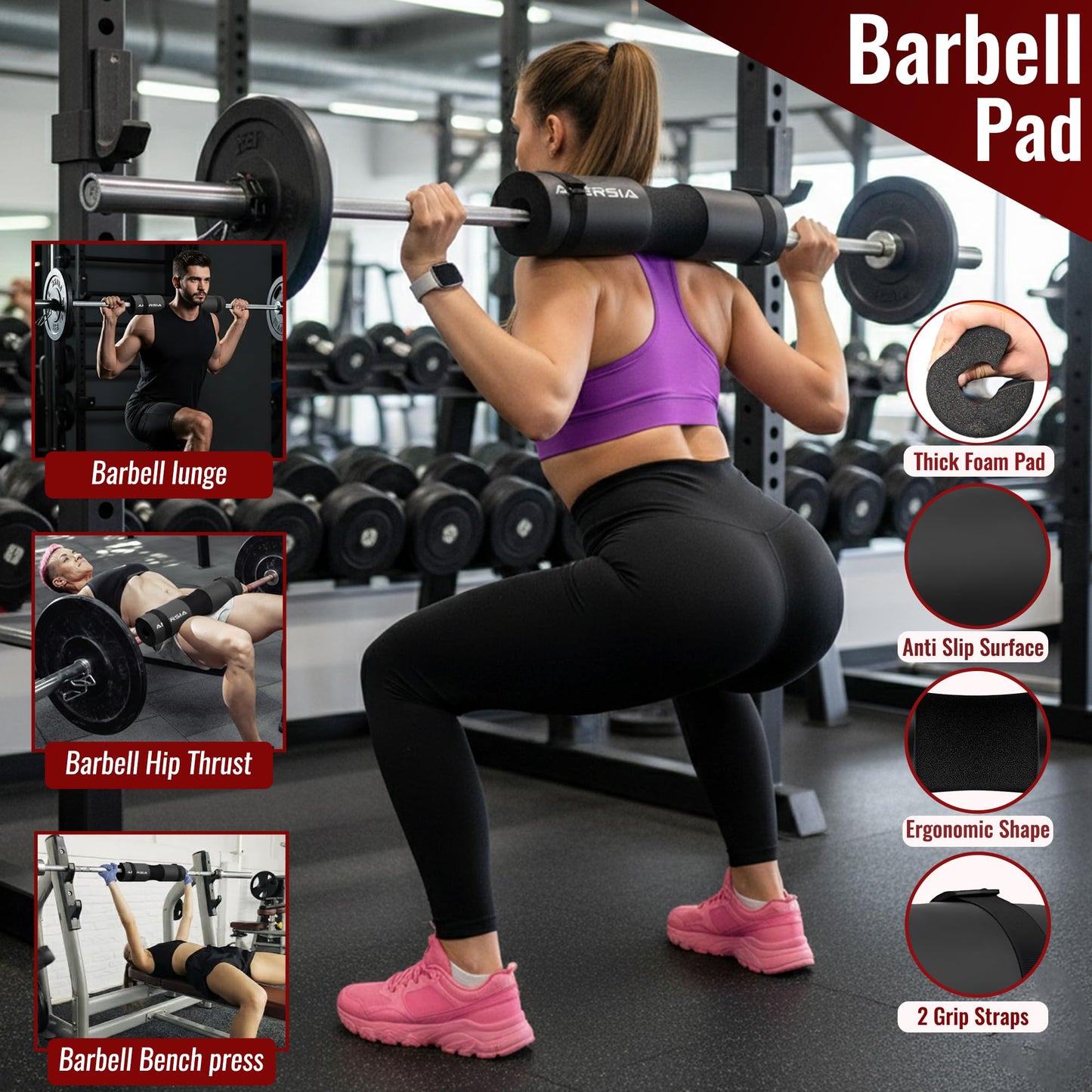 ANERSIA 10 in 1 Barbell Pad Set Black for Squats & Hip Thrust – Barbell Pad with Resistance Bands, Lifting Straps, Ankle Straps & Barbell Clamps – Weightlifting Accessories Kit for Home Gym