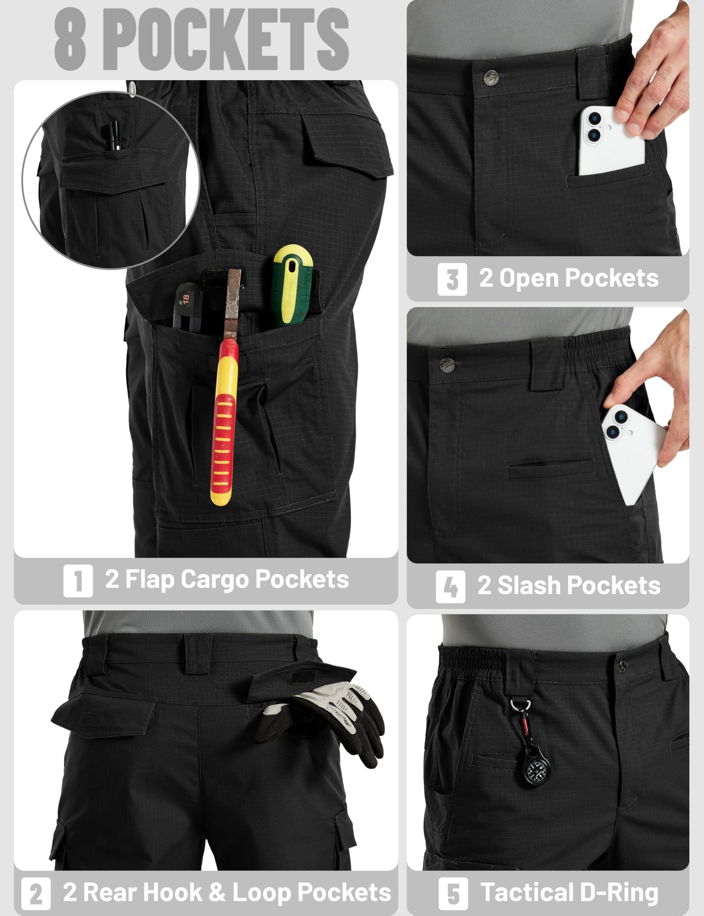 TACVASEN Men's Tactical Pants Cargo Work Pants for Men Construction Waterproof Lightweight Stretch EDC Hiking Trousers with 8 Pockets Black 34