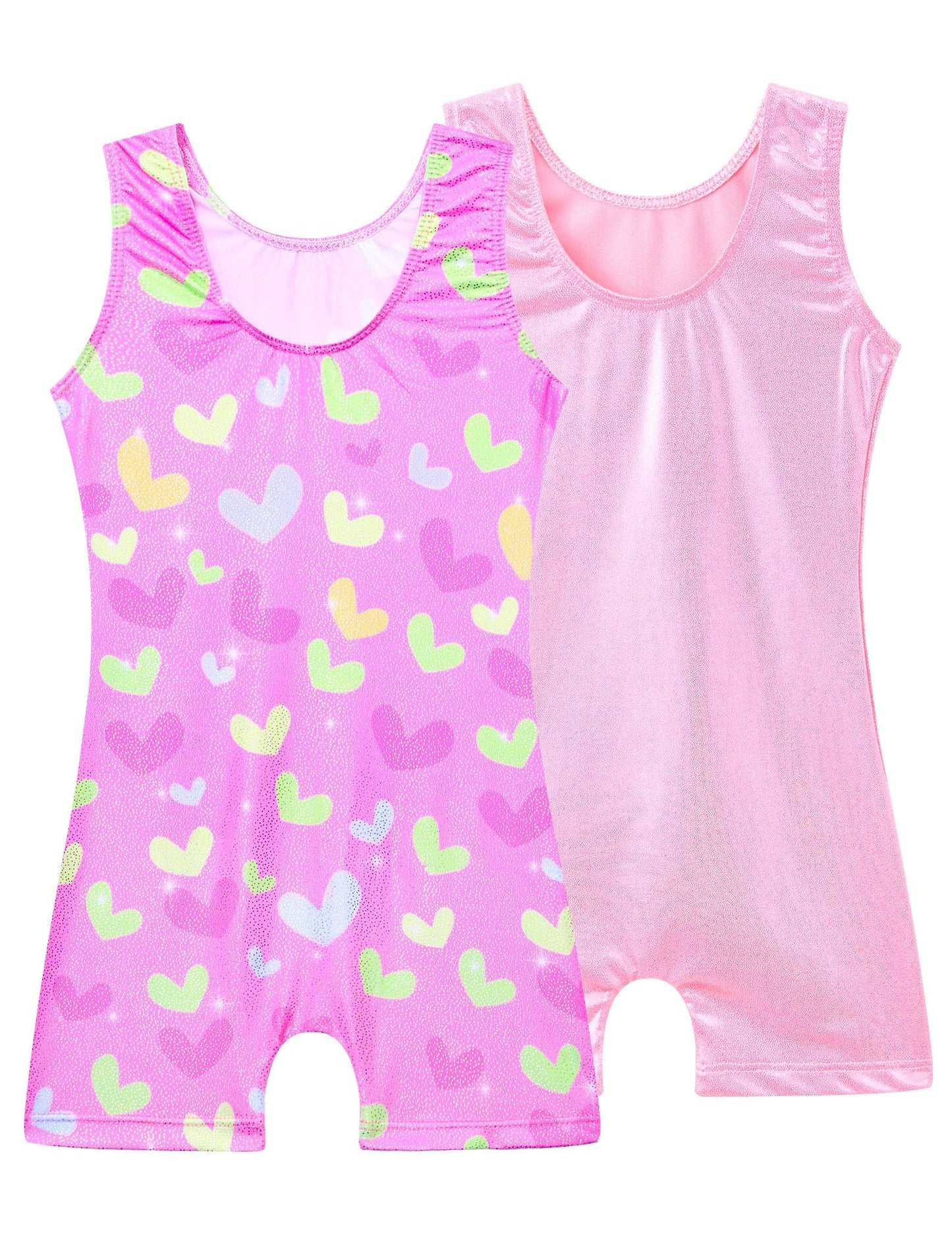 Tziharora Girls Leotards for Gymnastics Size 5-6 Years Old 2 Pack Shiny Pink Green Biketard Sleeveless Breathable Unitard