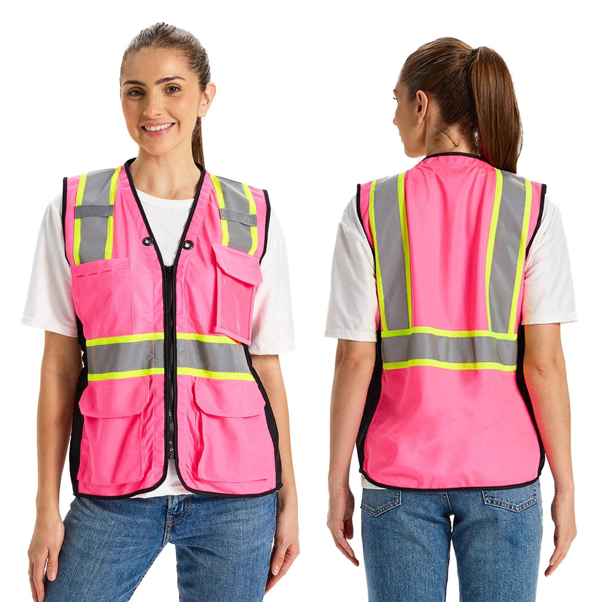 Hi Vis Safety Vest for Women,Working Drawstring waist Construction Vest with Pockets and Zipper,Womens Safety Vest,ANSI Type R Class2